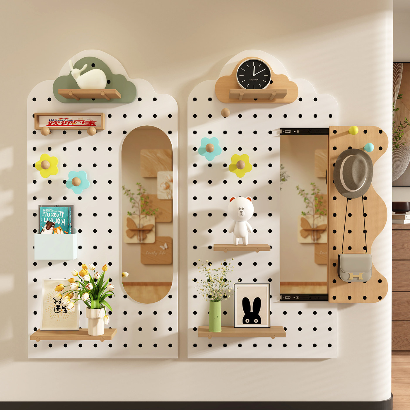 Solid wood hole board storage rack wall hanging storage rack custom entry entrance hole board dressing mirror sliding mirror integrated