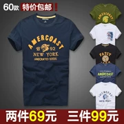 Áo thun ngắn tay bờ biển châu Mỹ Quần dài nam giới Tide American Youth College Thin phần Cotton Thêu Slim Cổ tròn Áo sơ mi nửa tay