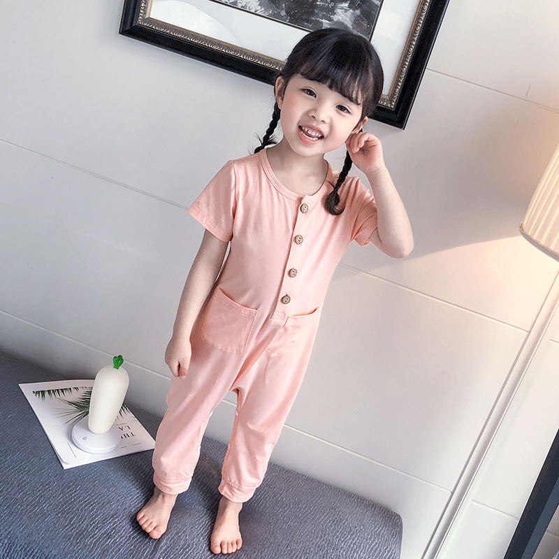 Childrens jumpsuits mùa xuân và mùa thu mỏng cô gái chàng trai bông bé chống đá mùa hè cô gái ngắn tay nhà quần áo.