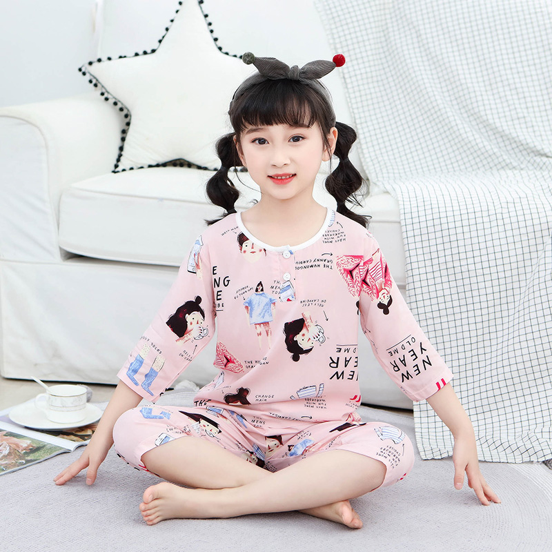 Childrens lụa bông pajama set boy mùa hè bảy tay áo trẻ em mùa hè mỏng mùa hè phù hợp với điều hòa không khí nam và nữ.