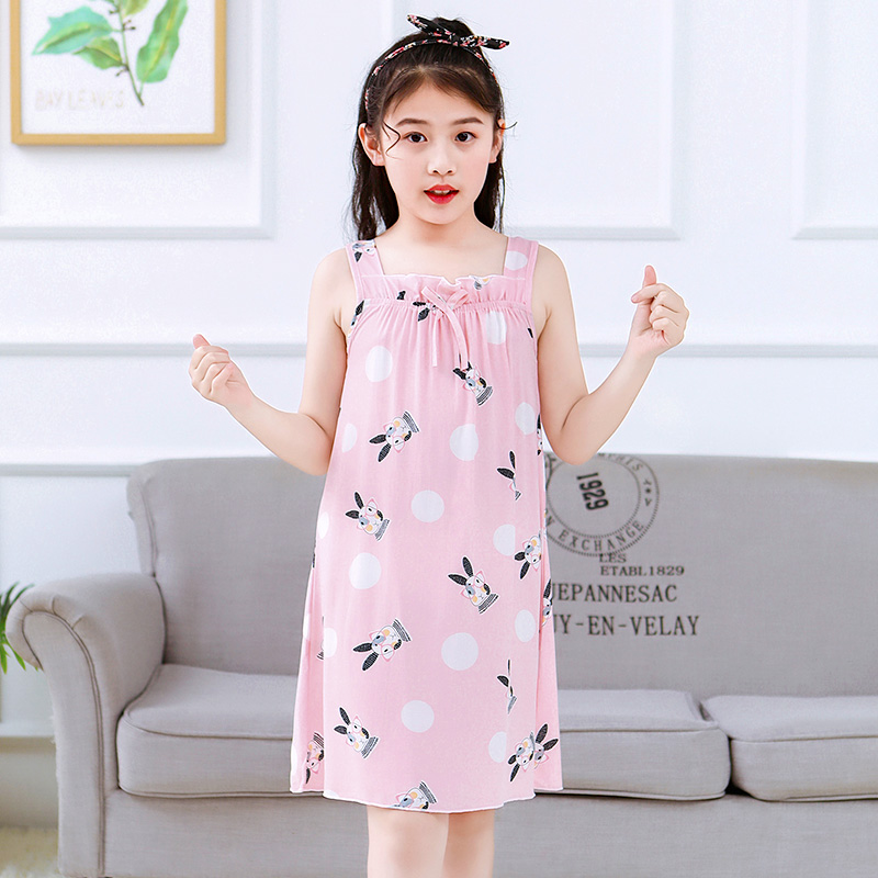 Cô gái đồ ngủ sling tay lụa cotton mùa hè trẻ em giữa ngày ăn mặc cô gái công chúa mỏng bông đồ ngủ lụa.