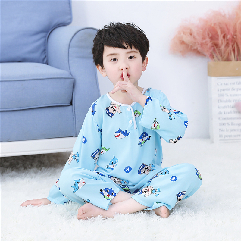 Summer childrens lụa bông pajama bộ nam và nữ dài tay áo hai mảnh bộ lụa mỏng nhà quần áo máy lạnh.