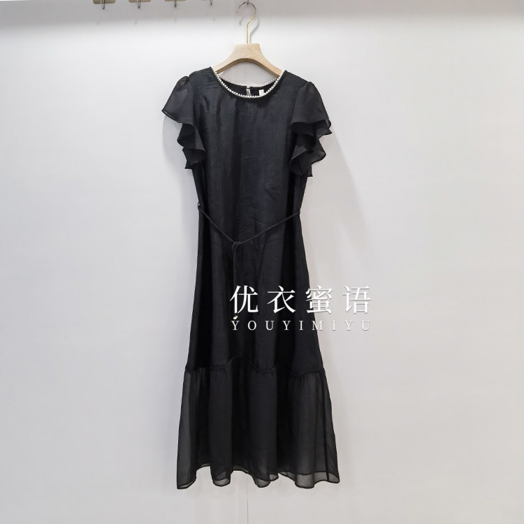 Ad26Xl1291 Mall Same Style Round Neck Beaded Ruffle Sleeve Tie-Up Elegant Dress 2026 Summer New Women's Model