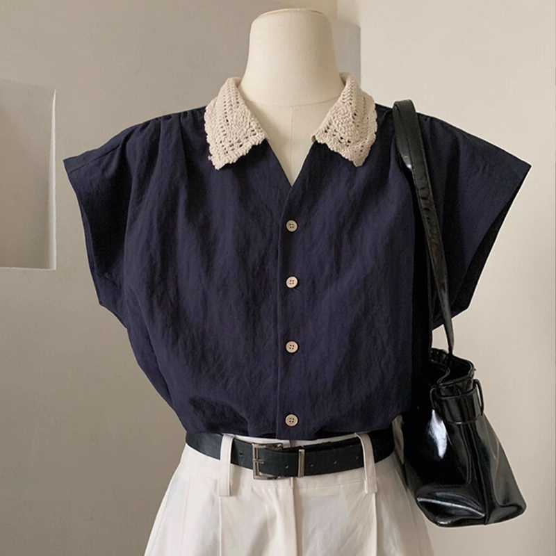 Plus Size Women's French Lace Patchwork Lapel Flutter Sleeve Shirt for Chubby Girls, Slimming Top Plus Size Women's French Lace Patchwork Lapel Flutter Sleeve Shirt for Chubby Girls, Slimming Top