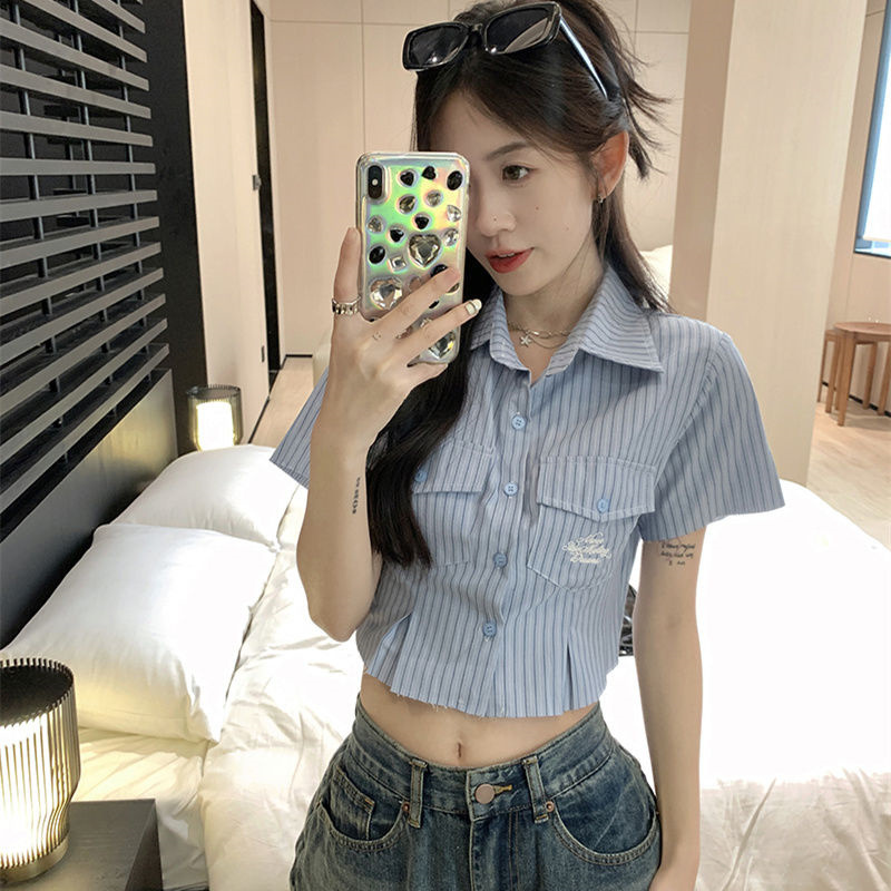 Summer American-Style High-End Embroidered Slim-Fit Short Top Trendy Polo Collar College Style Hot Girl Striped Short-Sleeve Shirt for Women