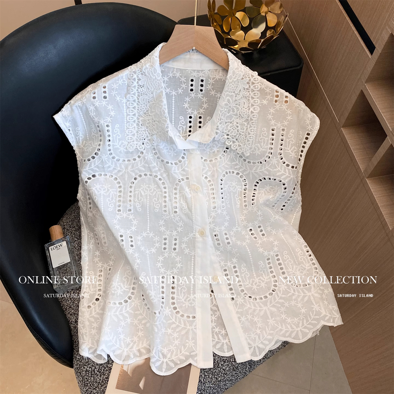 Summer Heavy Embroidery Hollow-Out Lapel Lace Short-Sleeve Shirt for Women 2025 New French Style Ruffled Hem Top