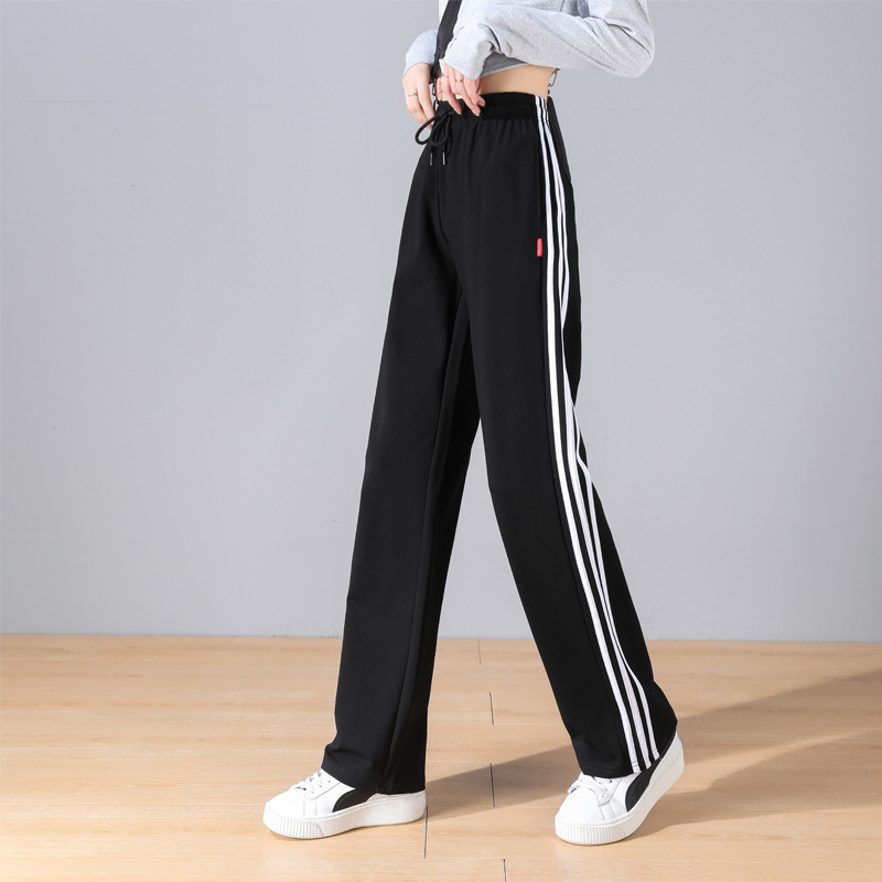 Pure Cotton Three-Stripe Sports Pants for Women, Spring and Autumn Style, Fashionable Loose Straight-Leg Casual High-Waisted Thin Wide-Leg Pants for Women