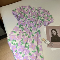 Summer 2021 hipster loose waist print dress long knee bubble sleeve floral skirt children