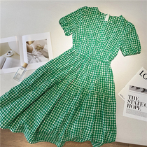 Green wave dot bubble sleeve dress womens summer 2021 Korean version of loose medium and long temperament first love Platycodon grandiflorum skirt
