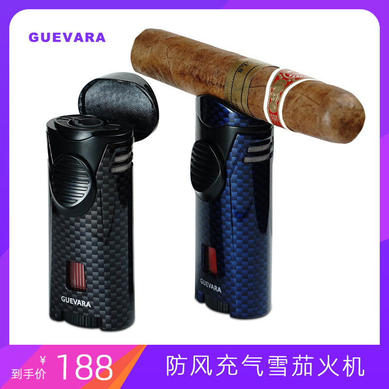 GUEVARA cigar lighter Creative windproof inflatable straight-through carbon fiber pattern metal lighter holder design