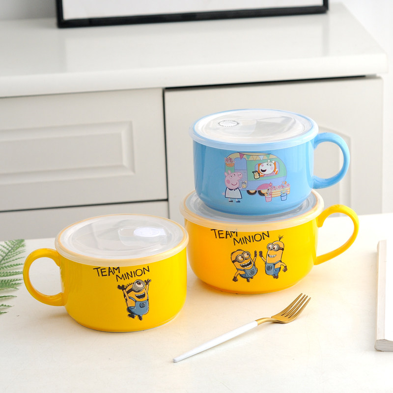 Creative Big Number Boxed Box Cartoon Cute Lunch Box Ceramic Bubble Noodle Bowl with lid Student Dormitory Big Soup Bowl cereal Cup