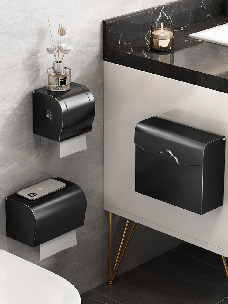 Space aluminum toilet waterproof roll toilet paper holder Bathroom black non-perforated toilet paper box Powder room wall-mounted tissue box