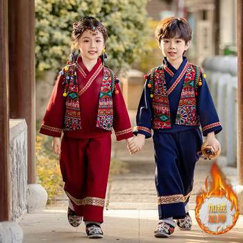 Children's ethnic style plus velvet new year's day costume set