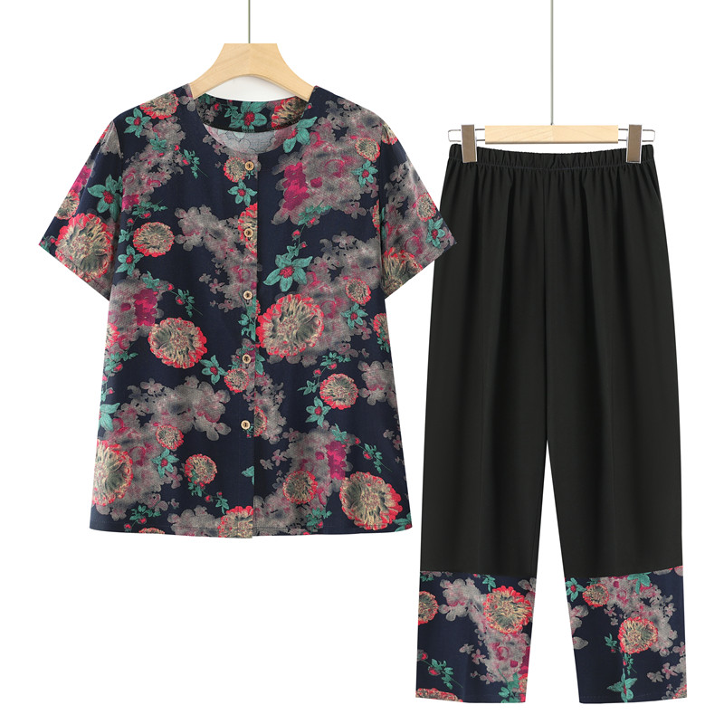 Middle - aged old woman dress grandmother summer cotton short sleeve suit 70 - year old mother's Day clothes mom spring clothes