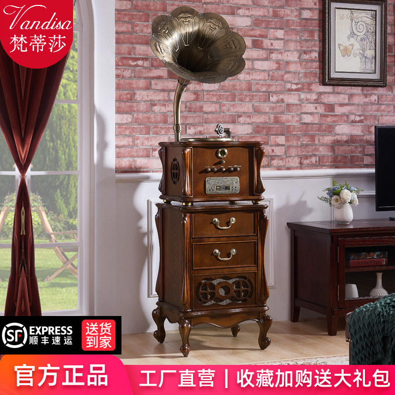 Vatica classical solid wood antique phonograph retro vinyl recording player audio vintage Big Horn record player lp