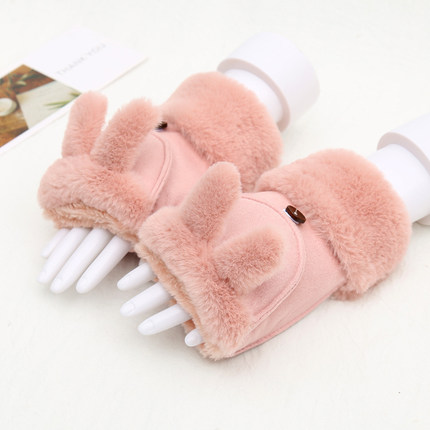 韩版可爱手套女冬季加绒加厚翻盖露指卡通兔子