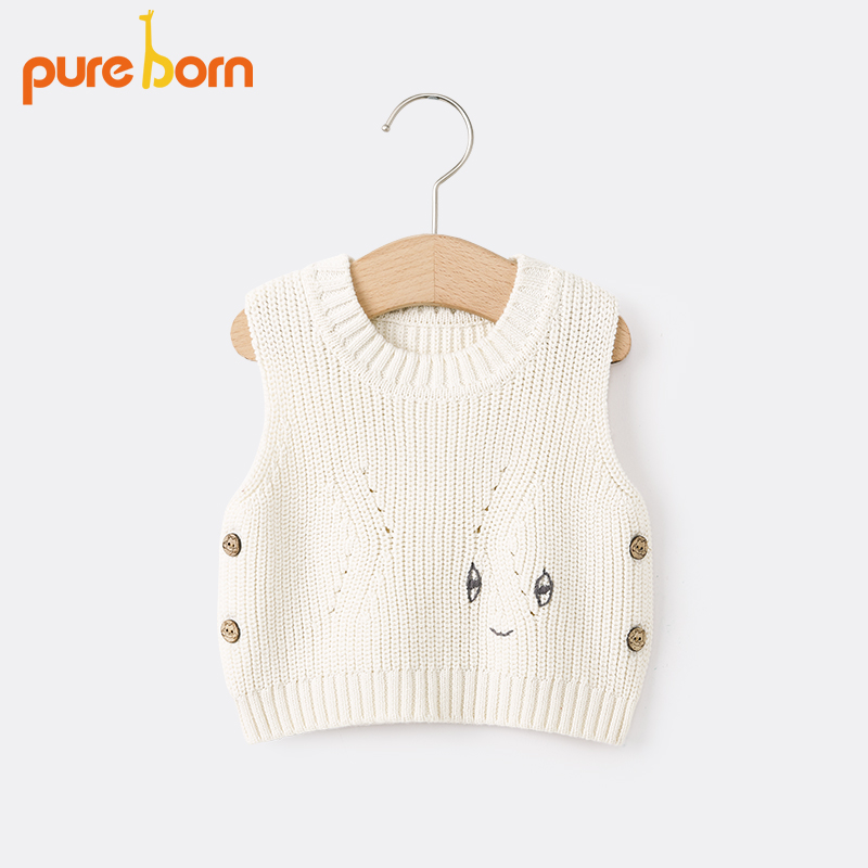 bé Pureborn bông dệt kim vest mùa thu dễ thương phim hoạt hình đầu nam và nữ không tay shoulderless.