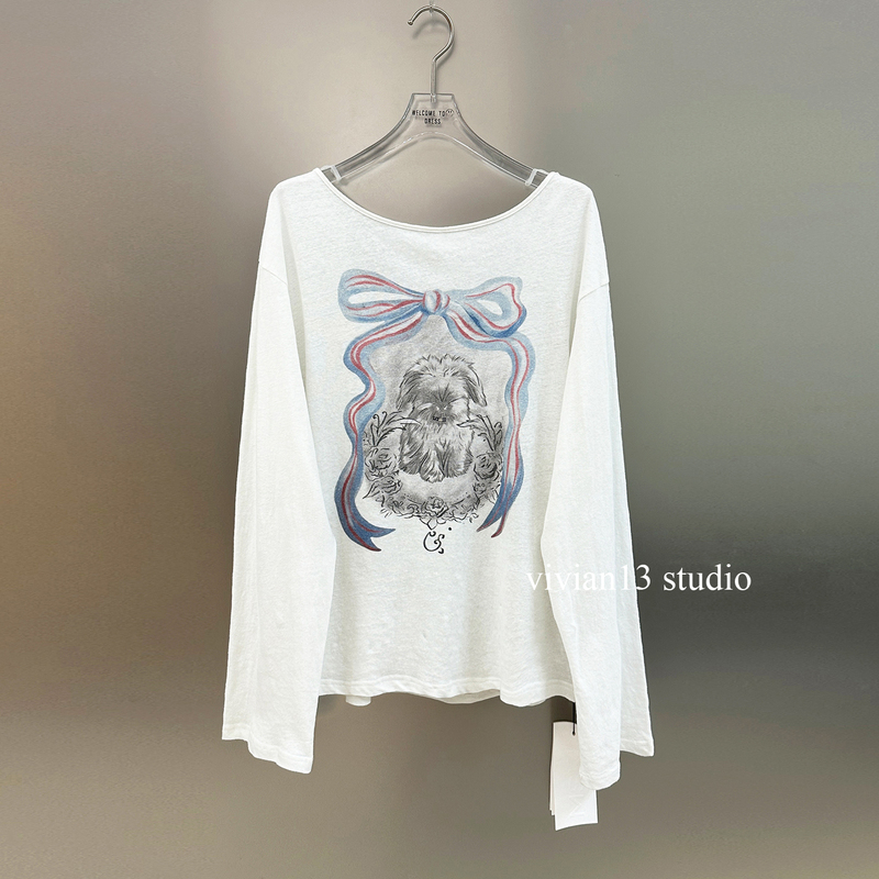 XL Sweet Cool Style Bowknot Hand-Painted Puppy Pattern Print Asymmetrical Neck T-Shirt for Women Summer Thin Loose Off-Shoulder Top