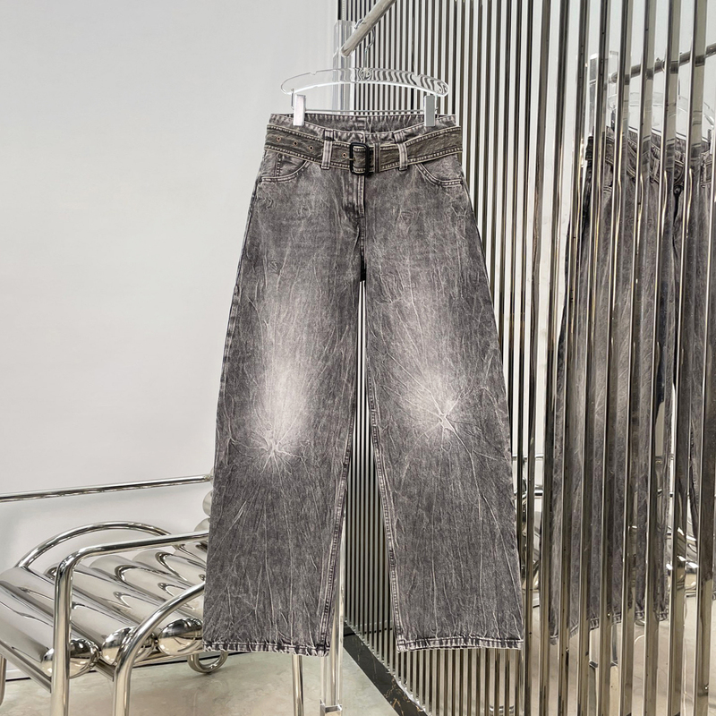 Ag Fashionable Niche Wide Waistband Washed Vintage Texture Loose Jeans for Women Carbon Black Straight-Leg Pants