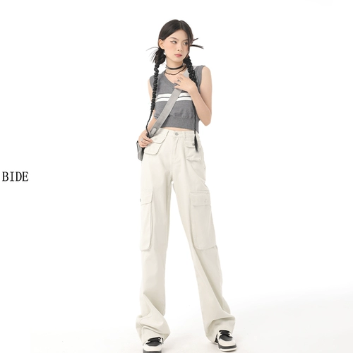 Белая униформа медсестры, дизайнерские штаны в стиле хип-хоп, в американском стиле, высокая талия, свободный крой, тренд сезона