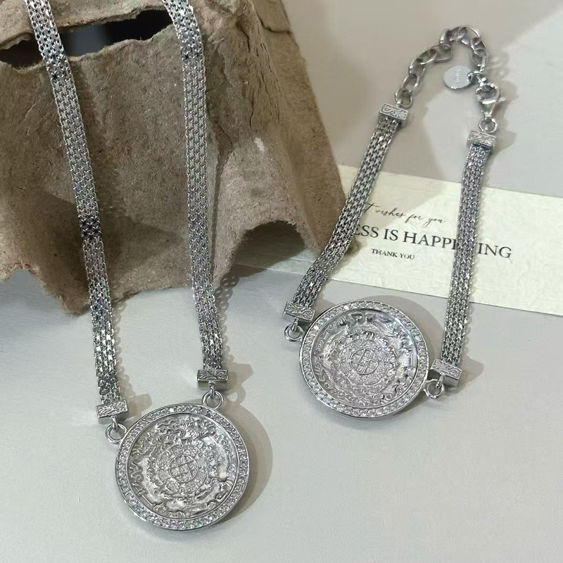 S925 Sterling Silver Eight-Treasure Compass Round Pendant Woven Bracelet Niche Design High-End Necklace Fashion Versatile Set for Women