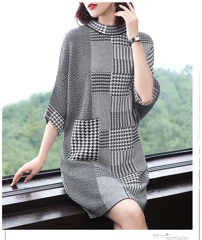 Nina trôi 2018 mùa thu mới nửa cao cổ áo houndstooth áo len váy đoạn dài bảy điểm tay áo đáy áo phụ nữ