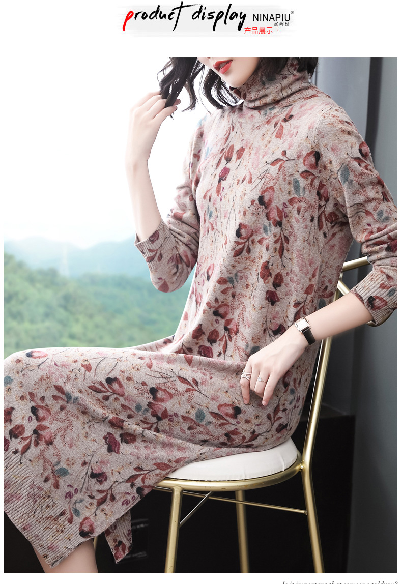 Nina trôi 2018 mùa đông mới retro màu cao cổ áo len váy đoạn dài đầu gối phụ nữ gió áo len vay dep