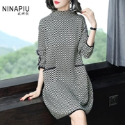 Nina nổi mùa thu và mùa đông mới nửa cao cổ áo houndstooth áo len dài tính khí hoang dã đáy áo len