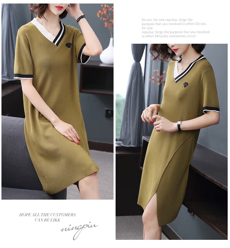 Nina trôi 2018 đầu mùa thu phụ nữ mới của màu sắc tương phản v-cổ thời trang giản dị hoang dã chia ngắn tay đan đầm shop váy đẹp