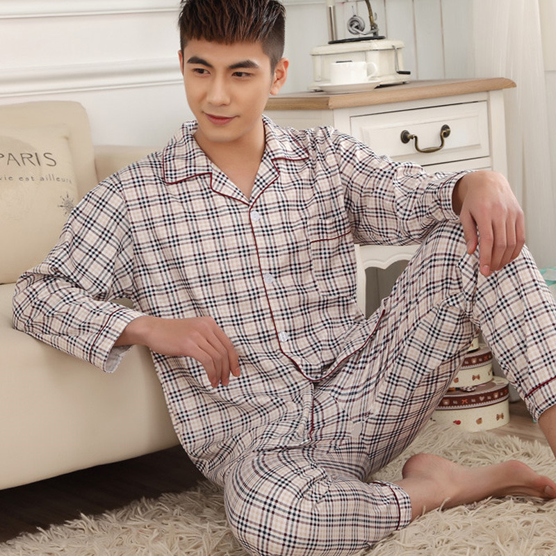 Mùa xuân và mùa thu bông đồ ngủ mens dài tay dân trẻ nhà áo khoác sọc kẻ sọc trung thu pajama symmy bộ.