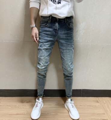 Simple, retro, distressed, slim-fit skinny jeans for men, versatile stretch long pants, Korean-style trendy tight pants