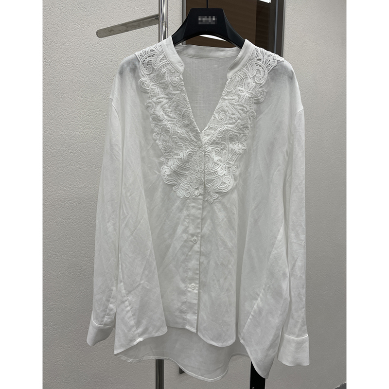 European Style Light Luxury V-Neck Lace Patchwork Linen Shirt for Women, Long-Sleeved, Slimming, New Versatile Top for Spring 2026