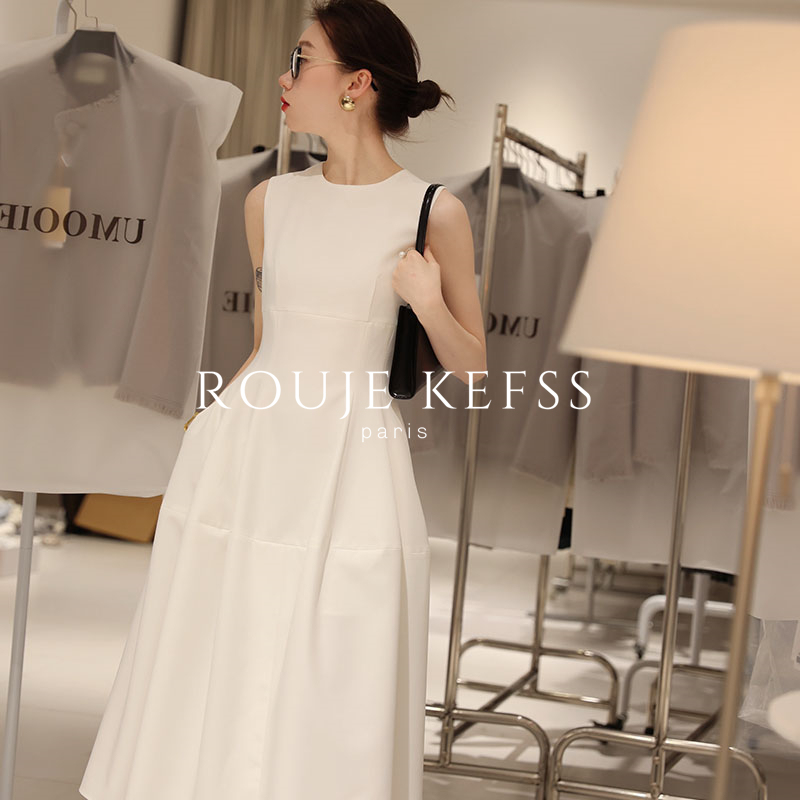 Rouje Kefss French-Style Round-Neck Solid Color Dress, Sleeveless, Slimming, Waist-Cinching, Mid-Length, Flared Skirt for Women