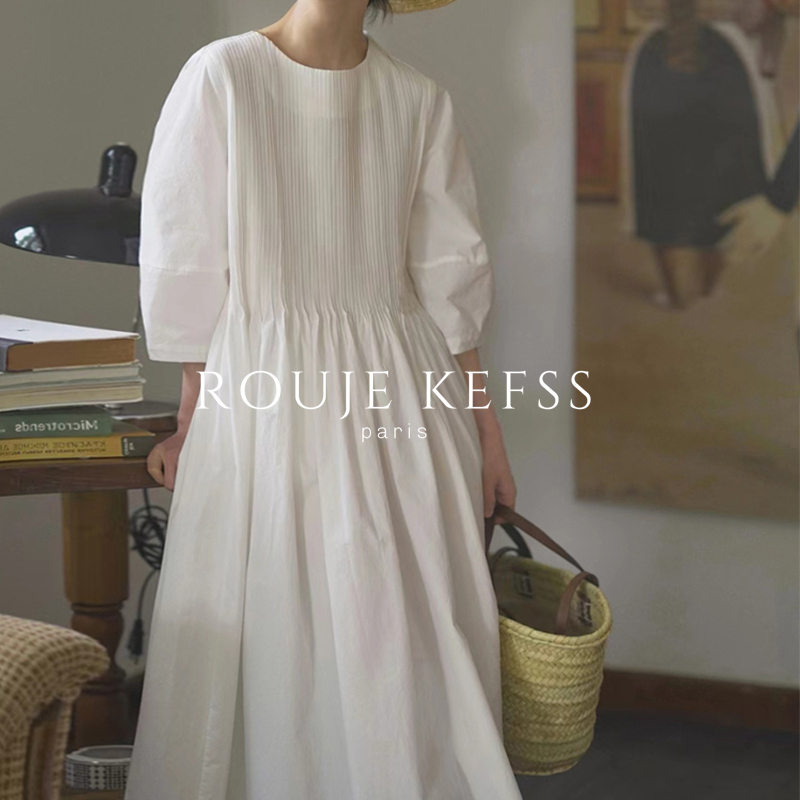 Rouje Kefss French Retro Puff Sleeve White Dress Women's Summer Thin Loose Mid-Length Skirt
