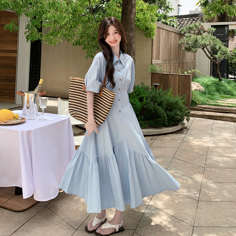 Light Blue Sweet Polo Collar Fishtail Dress for Women Summer Korean Style Waist Slimming Look Shirt Long Skirt