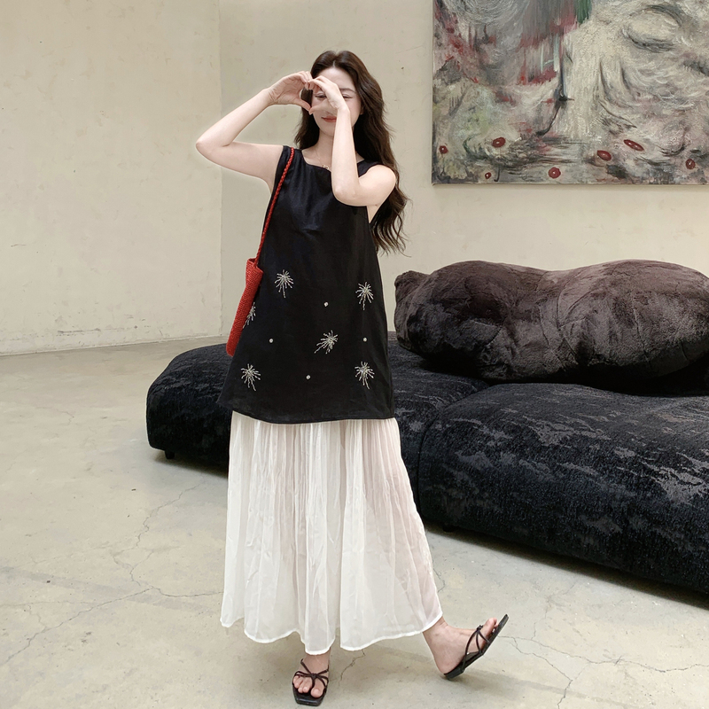 Black Fireworks Embroidered Sleeveless Dress for Women, Summer French Style, Gentle and Loose Casual Two-Piece Chiffon Long Dress