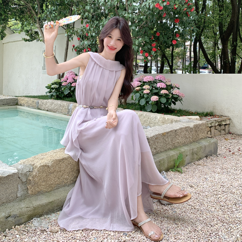 Purple Gentle Style Asymmetrical Chiffon Top and Skirt Set Two-Piece Set for Women Summer Vacation Style Outfit