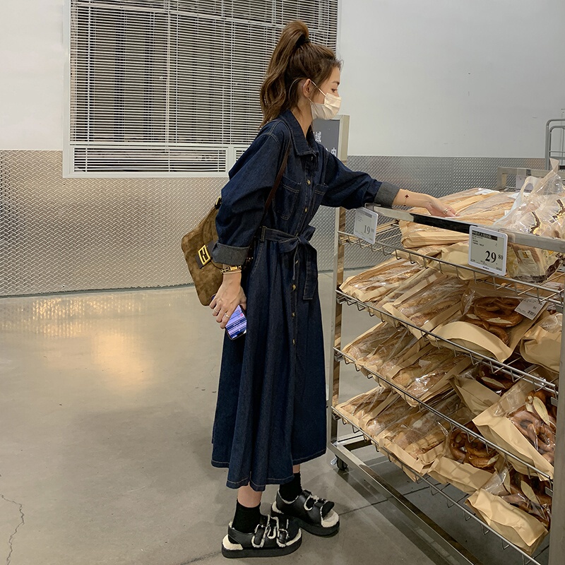 Denim Dress for Women, Early Spring, Autumn and Winter 2026 New Style, Mid-Length, Waist-Cinching, French High-End Style, Preppy Style, Age-Reducing