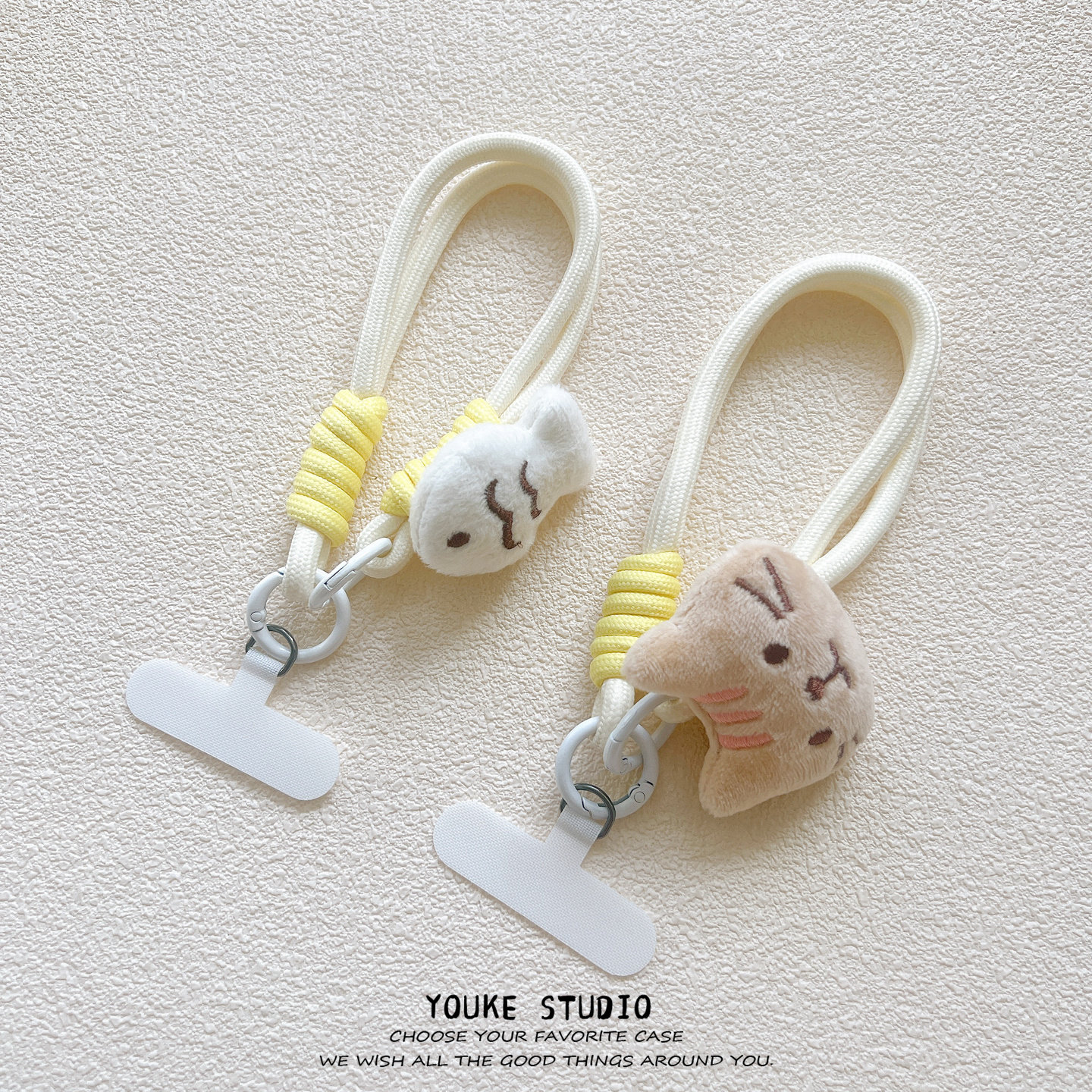 Cute plush cat and fish nylon lanyard phone case with short strap, clip, CCD keychain, anti-loss for women.