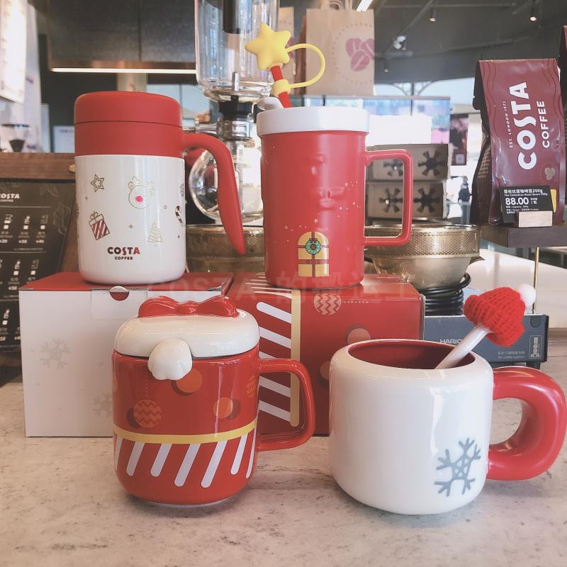 costa Christmas mark cup filter tea machine table top insulated cup straw cup ceramic cup stirring rod to organize the public water glass