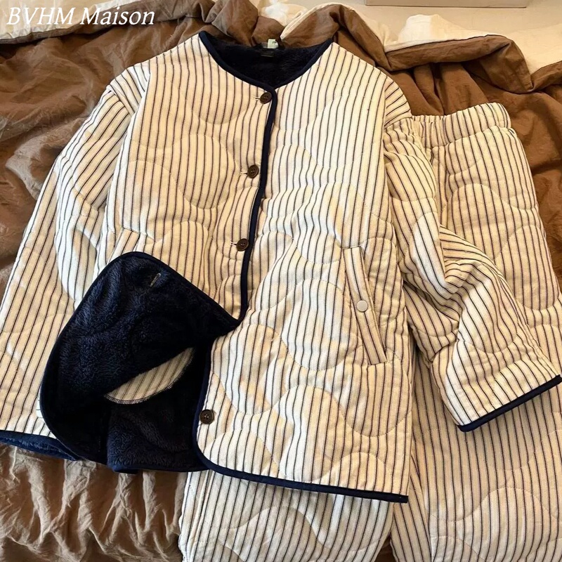 Victorian Style Quilted Pajamas for Women 2026 New Winter Striped Thickened Cotton Clothing Warm Home Wear Set Victorian Style Quilted Pajamas for Women 2026 New Winter Striped Thickened Cotton Clothing Warm Home Wear Set