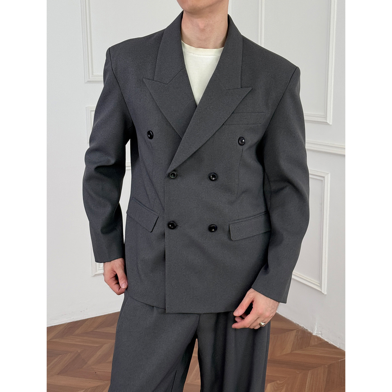 American Retro Double-Breasted Suit Set for Men, High-End Sunflower Embellishment, Loose Notch Lapel Suit Jacket, Trendy American Retro Double-Breasted Suit Set for Men, High-End Sunflower Embellishment, Loose Notch Lapel Suit Jacket, Trendy