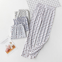  Mens cotton pajamas spring and autumn large size loose and thin home pants Summer casual plaid air conditioning pants