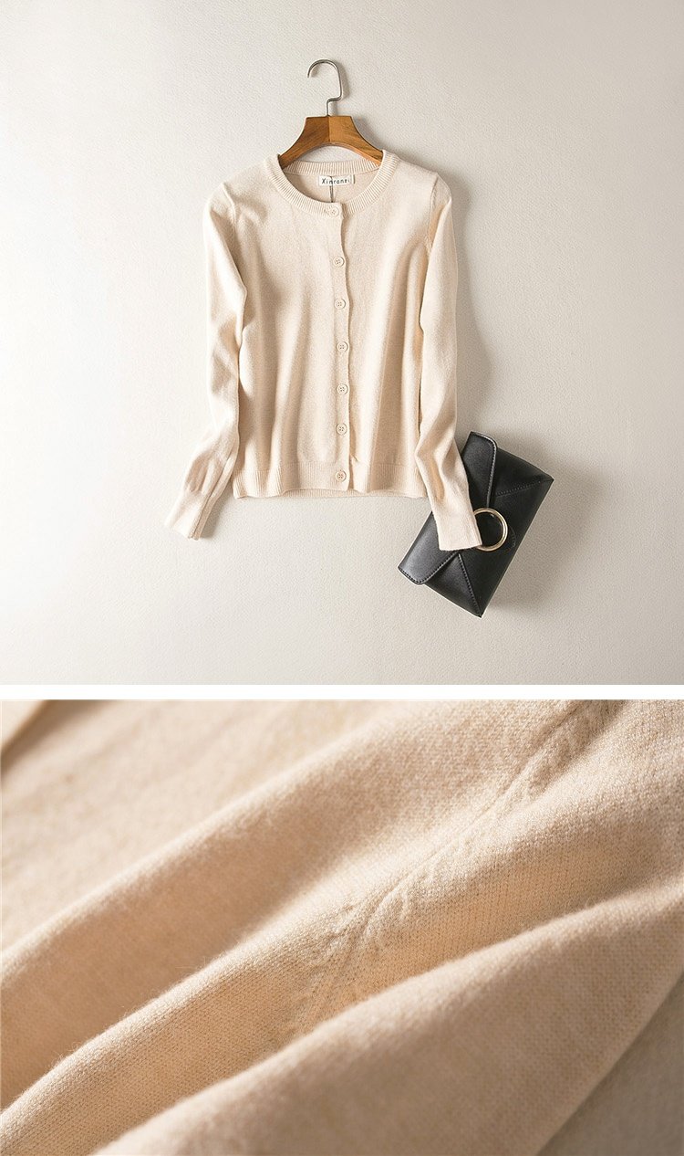 Mùa xuân và mùa thu của phụ nữ vòng cổ áo len cashmere đan áo khoác len ngắn tay dài áo mỏng bên ngoài nhỏ - Cardigan gile len