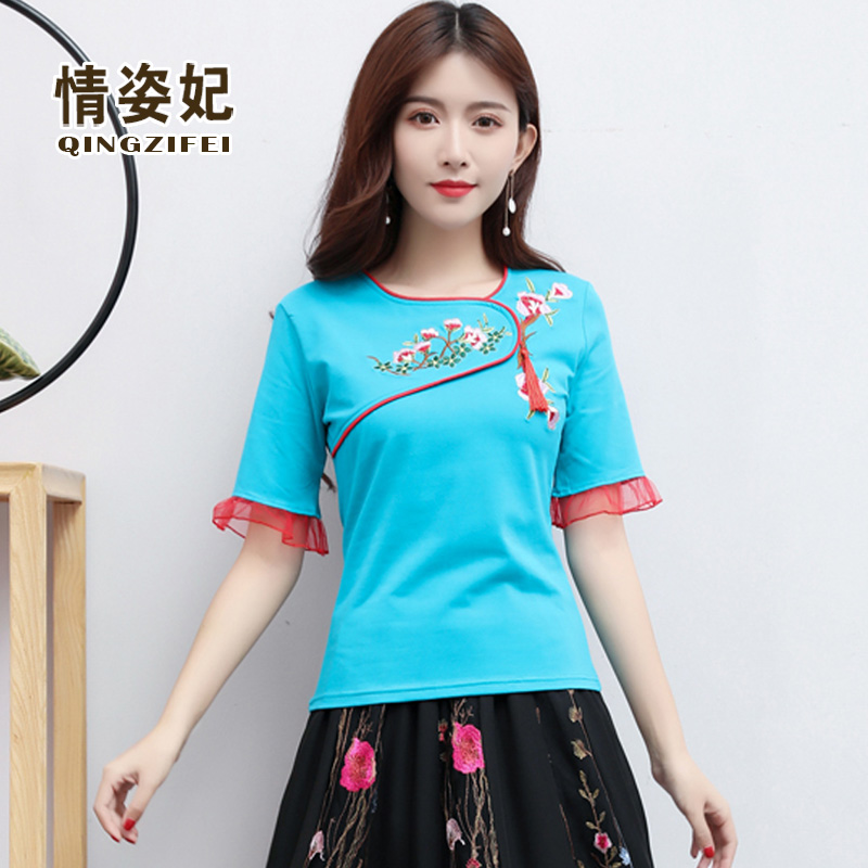 Mùa hè váy Trung Quốc gió đầu lớn đang thêu bông t-shirt Trung Quốc Tang trà quần áo quần áo gió quốc gia của phụ nữ mặc cổ điển thêu