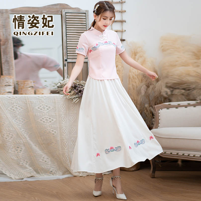 Vintage Tang váy áo khoác gió của Trung Quốc đang lớn lanh Han quần áo bông thêu quần áo trà Trung Hoa Dân Quốc được cải thiện ngắn tay sườn xám hai mảnh bộ