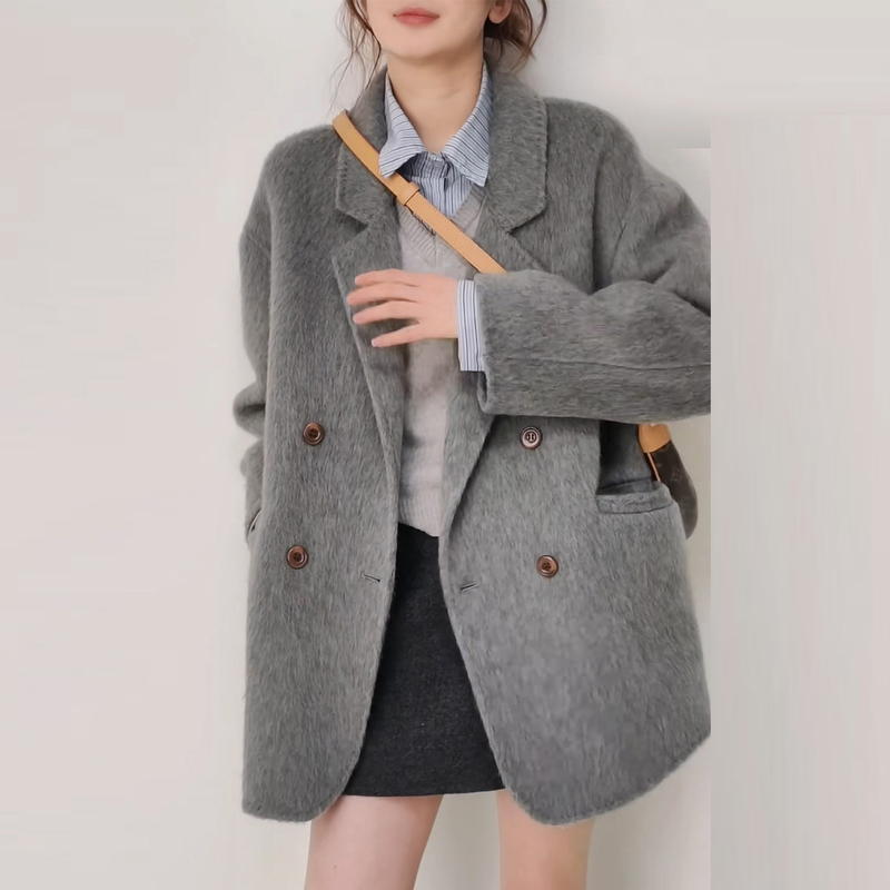 2026 Autumn/Winter New Gray Short Loose Elegant Double-Sided Wool Coat Double-Breasted Korean Style Lapel Blazer