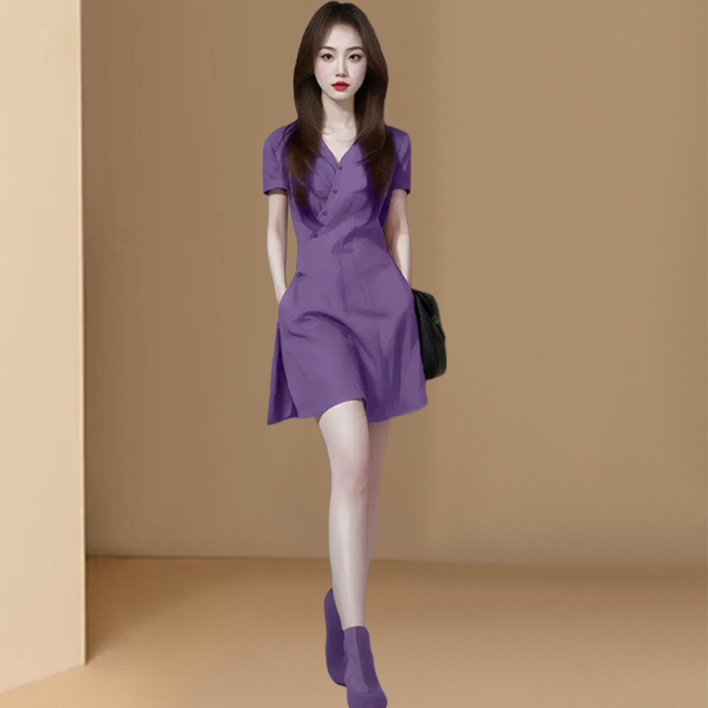 Purple V Neck Waist-Cinching Design Dress for Women 2026 Summer Cool and Lazy Style Elegant and Decent Dress