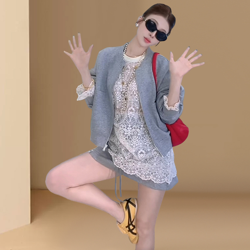 Korean-Style Atmospheric Outfit Set for Women: Fashionable Casual Jacket, Baseball Jacket, Lace Shirt, and Skirt Three-Piece Trendy Set