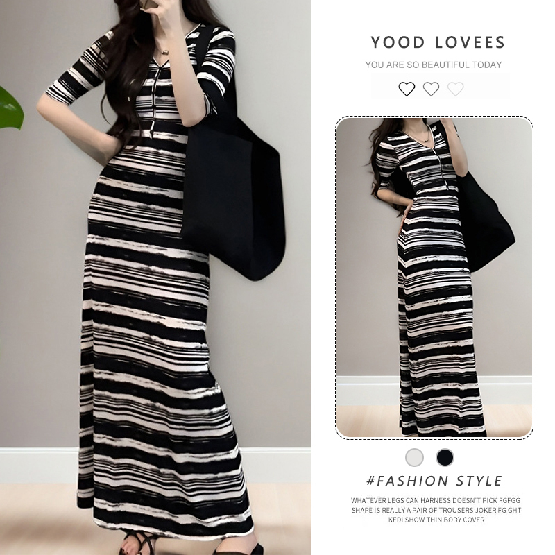 2026 Summer New Black and White Striped V-Neck Waist-Cinching Dress for Women, Ankle-Length Elegant Ladylike Dress